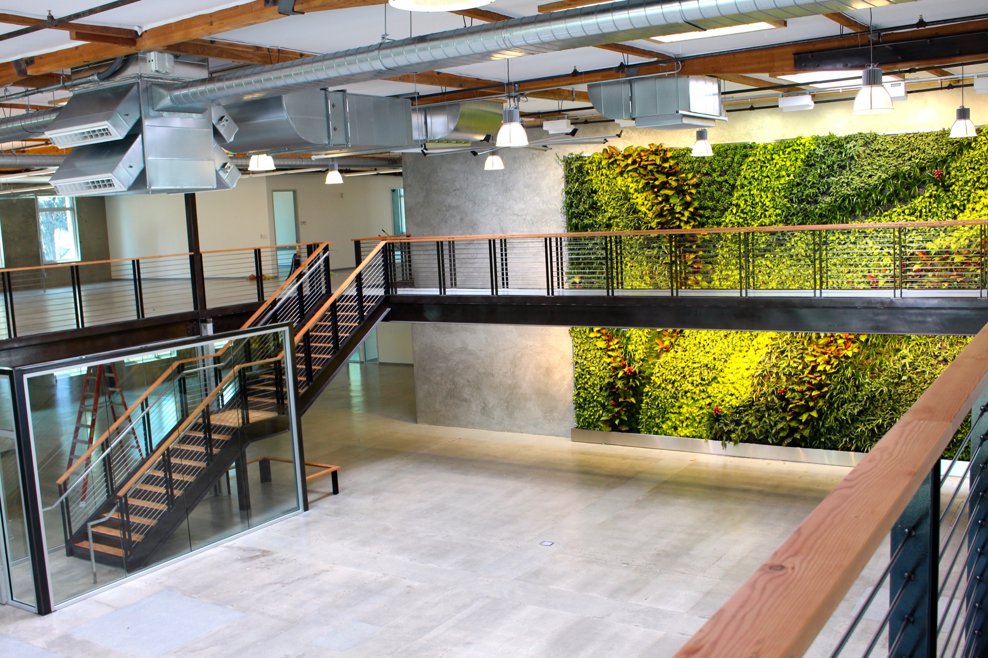 A mezzanine at 415 Mathilda. Steel stair, wood rail, a living wall two stories tall.